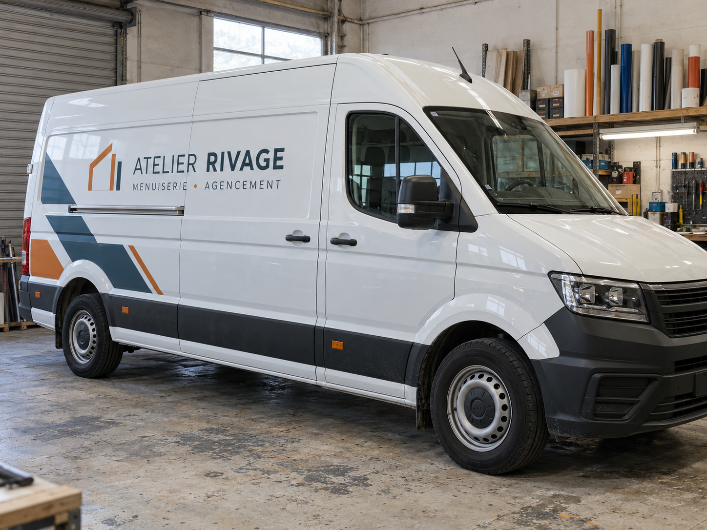 Grand fourgon blanc Atelier Rivage avec habillage publicitaire partiel