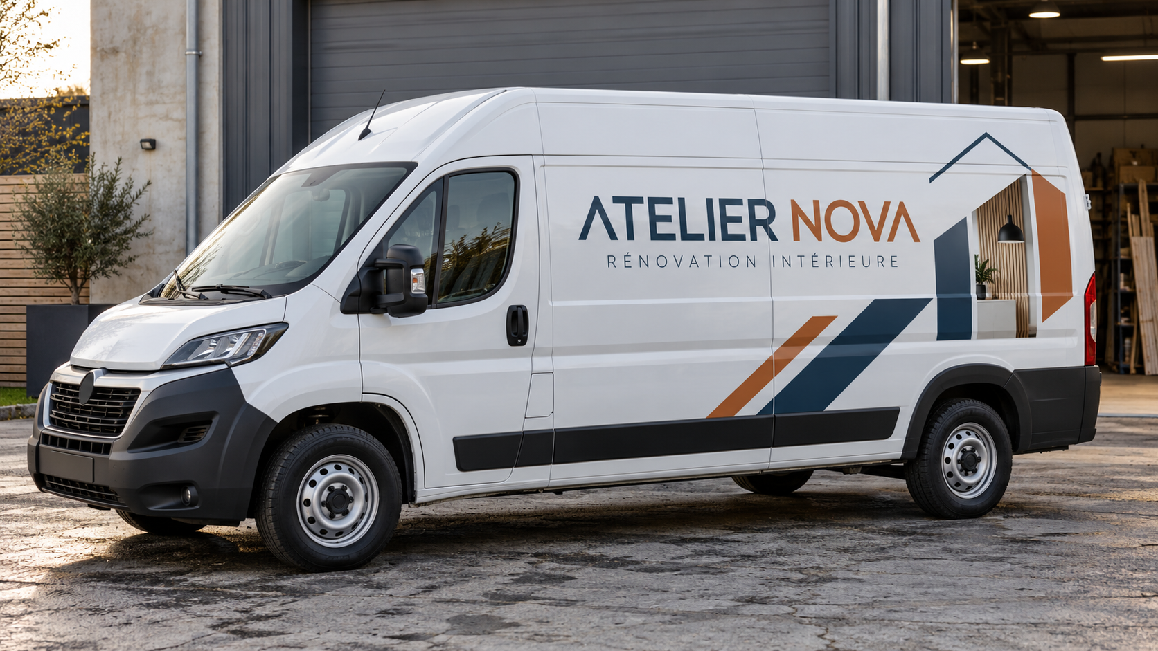 Fourgon blanc Atelier Nova avec lettrage et coordonnées professionnels