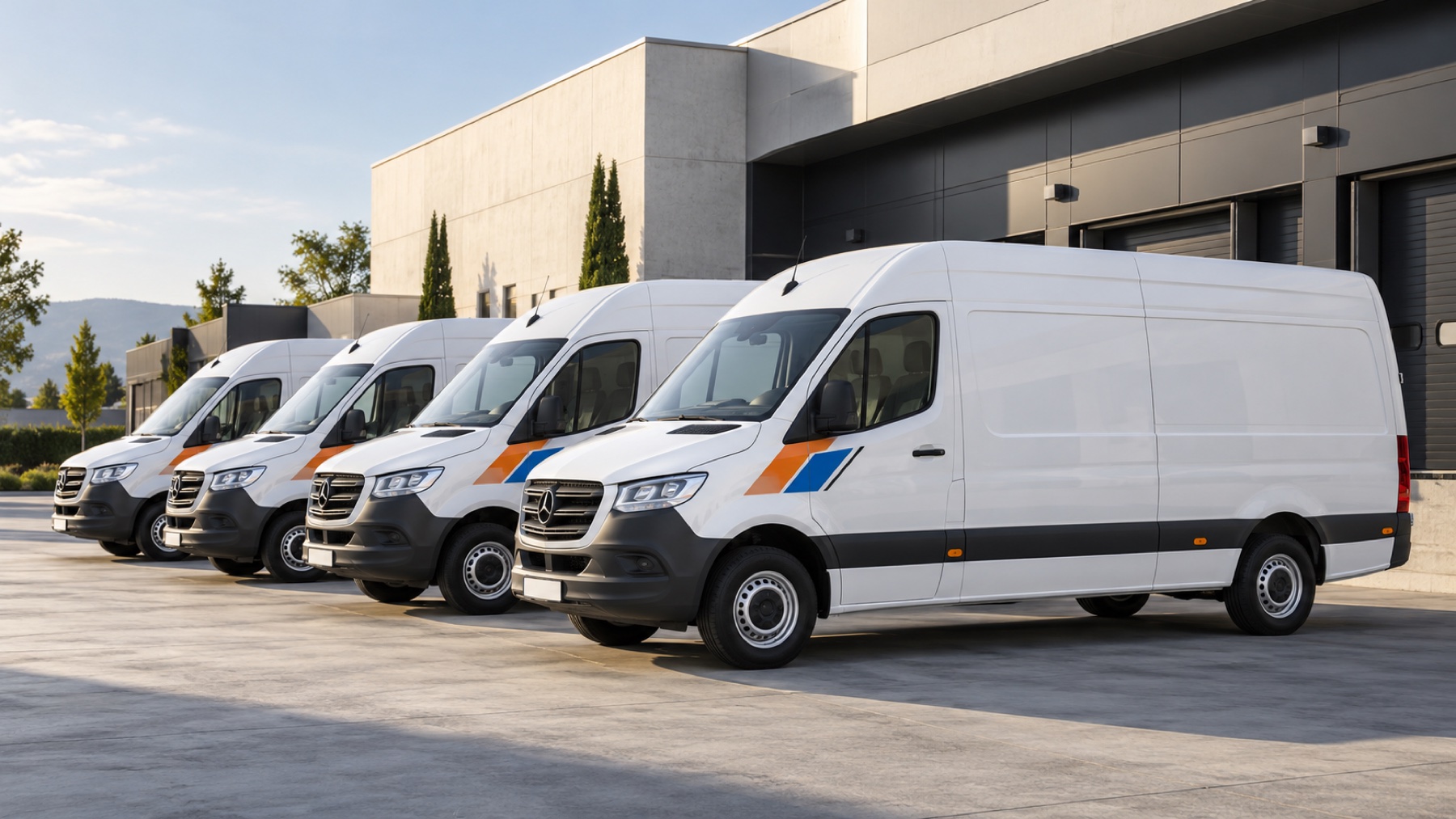 Flotte de grands fourgons blancs avec marquage partiel coordonné